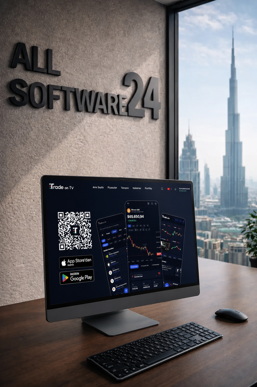Trade on tv workspace in Dubai — All Software 24 office with market dashboard on screen and Burj Khalifa view